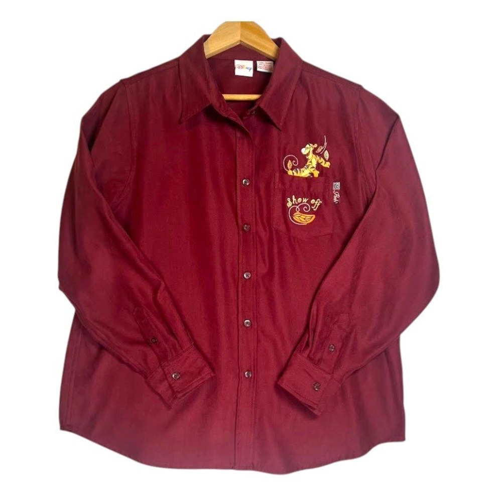 Disney Tigger Winnie the Pooh Burgundy Faux Suede Button Down Shirt Womens Large